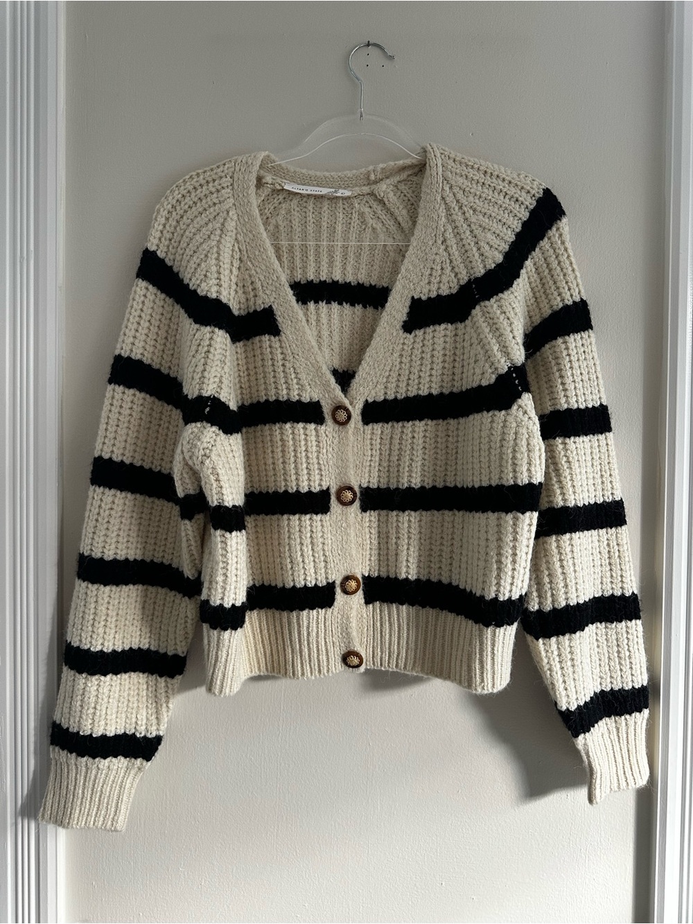 Altar'd State Cream and Black Striped Button-Up Cardigan